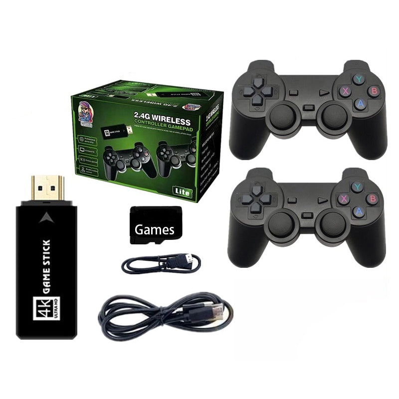2,4G trådløs spilkonsol 4K Ultra HD 4G Game Stick bærbar 2-controllere TV-spiller med 3000 spil 2,4G trådløs spilkonsol 4K Ultra HD 4G Game Stick bærbar 2-controllere TV-spiller med 3000 spil